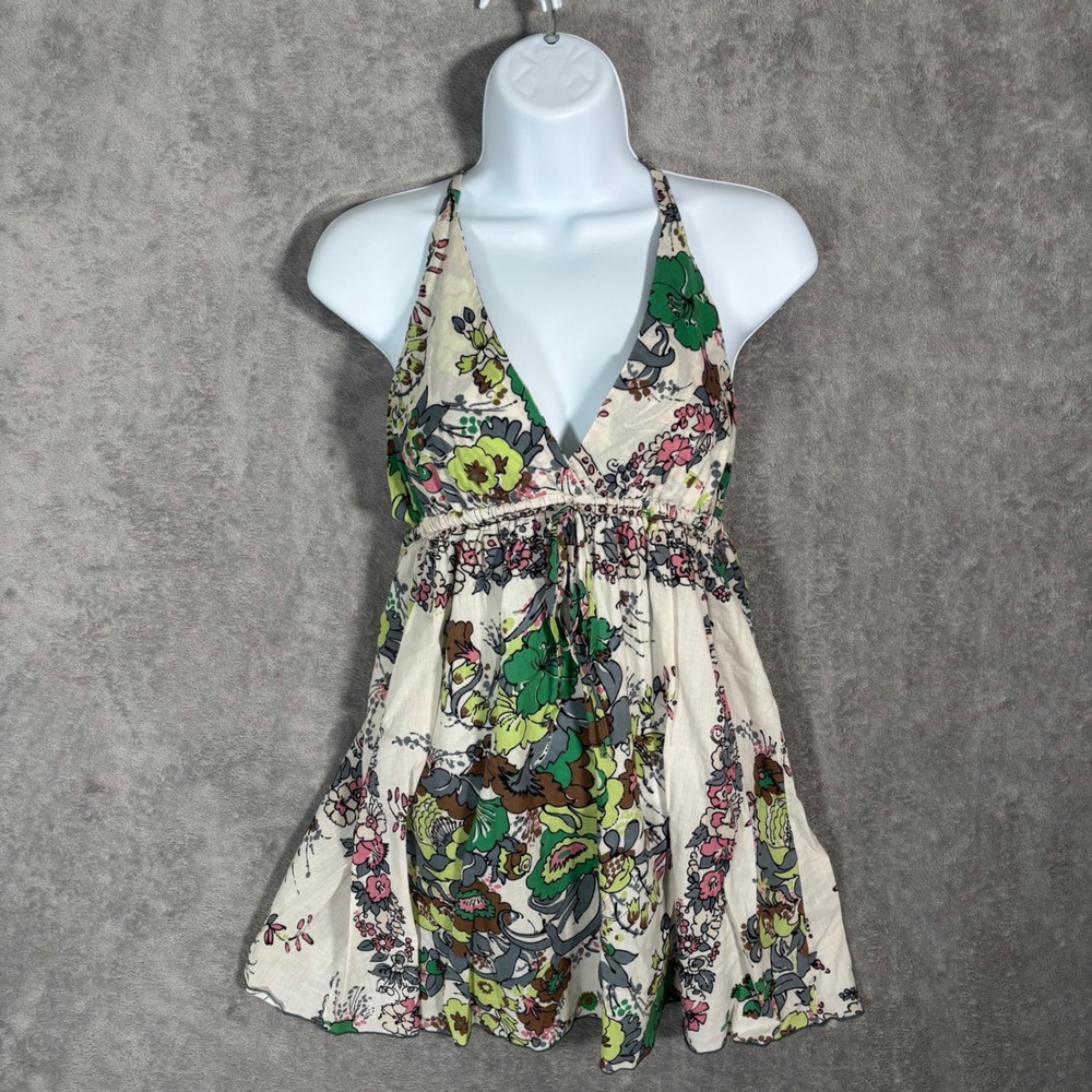Lani Floral Paisley Halter Top Cream Green Boho V-Neck Summer Tie Neck Y2K XS/S